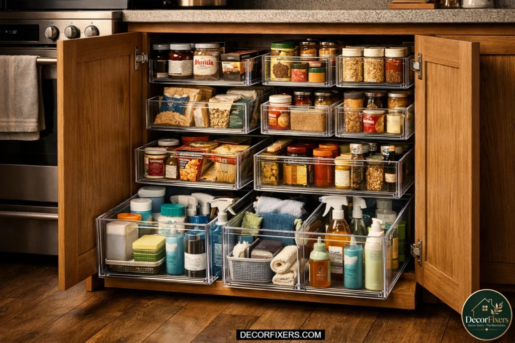 Deep kitchen cabinet transformed with transparent acrylic pull-out stackable drawers filled with pantry goods and cleaning supplies in a compact apartment