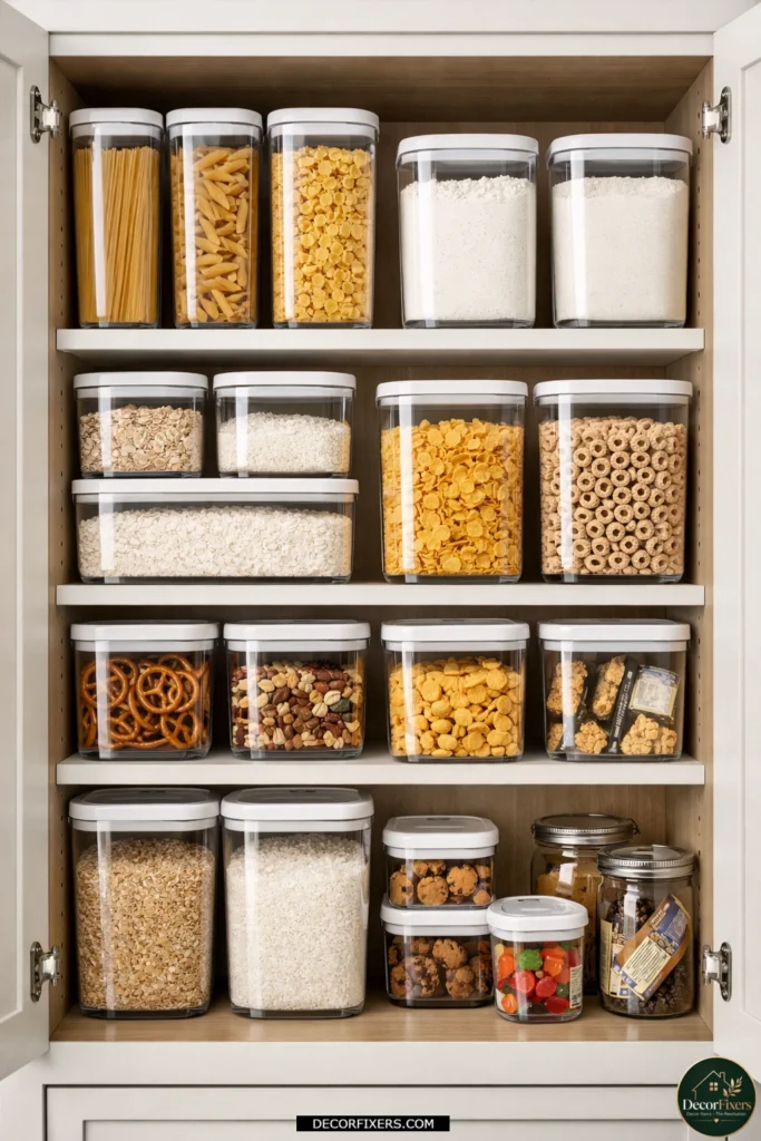 Clear stackable containers neatly organizing pantry staples in a small kitchen.