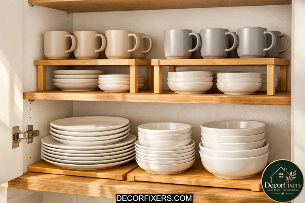 Bamboo stackable shelf risers doubling storage space inside an upper kitchen cabinet