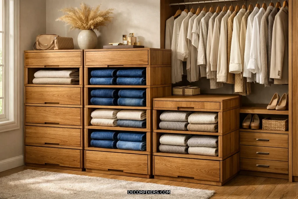 Stackable wooden closet drawers in a luxury walk-in closet.