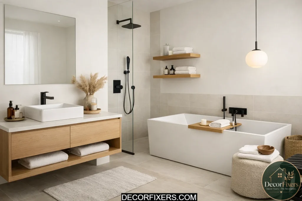 Scandinavian bathroom with horizontal stacked white subway tiles.