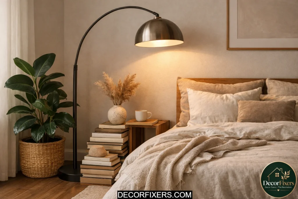Statement floor lamp styling a cozy bedroom corner with warm lighting