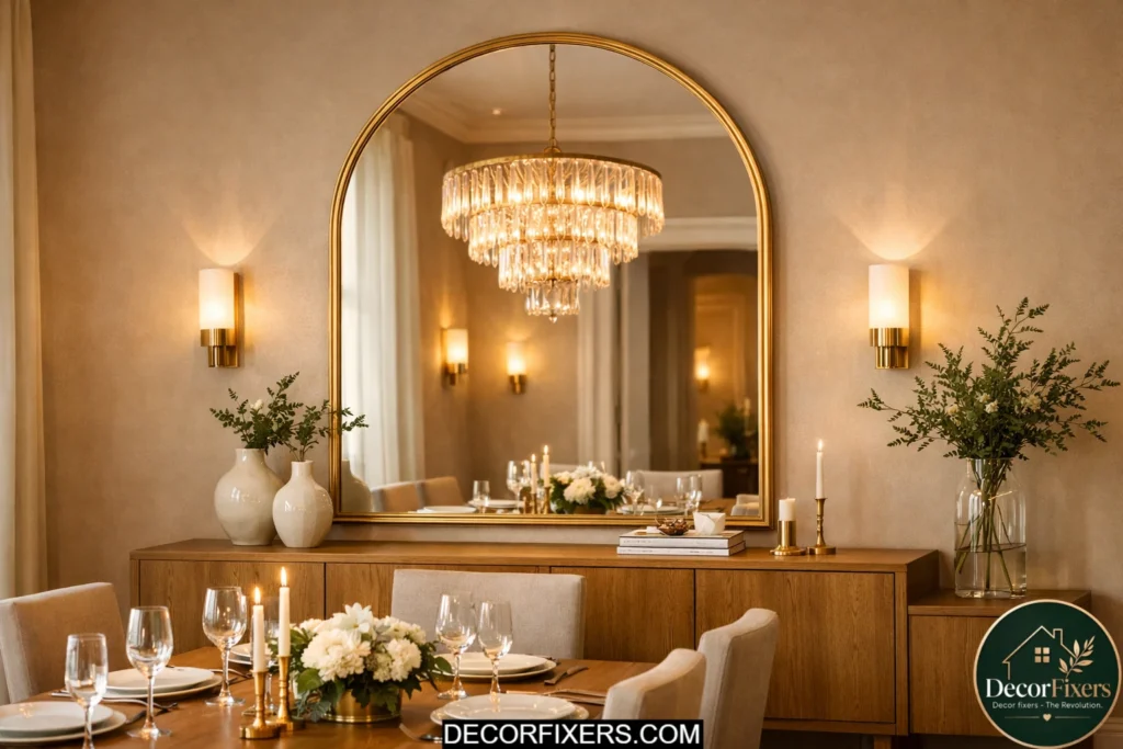 Large arched gold mirror above a sideboard reflecting light in an elegant dining room interior