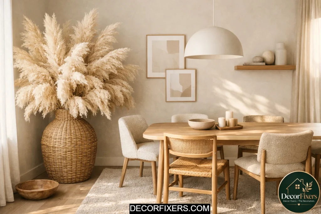 Tall pampas grass arrangement beside modern dining room sideboard