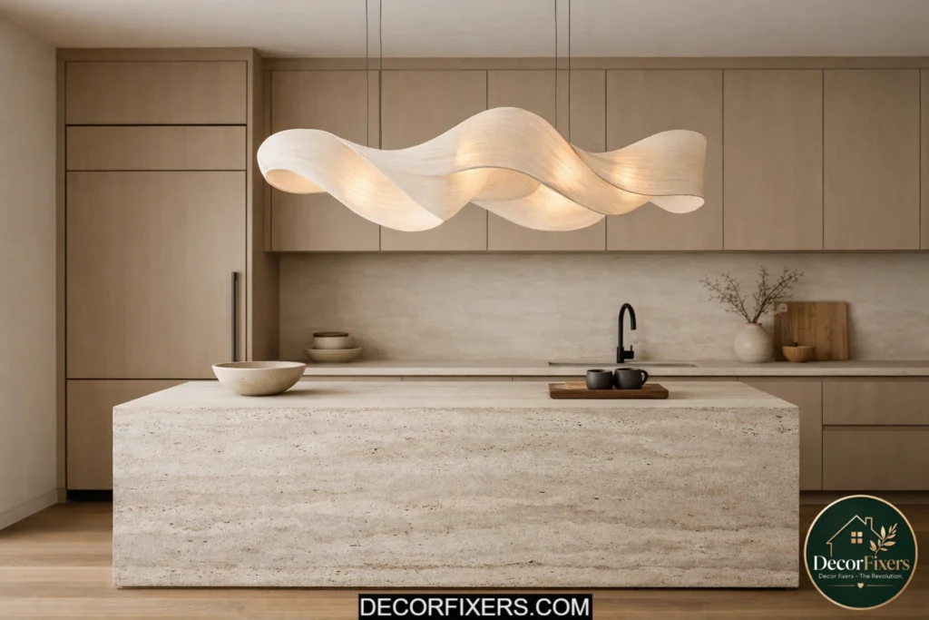 Minimalist kitchen with sculptural pendant light above island