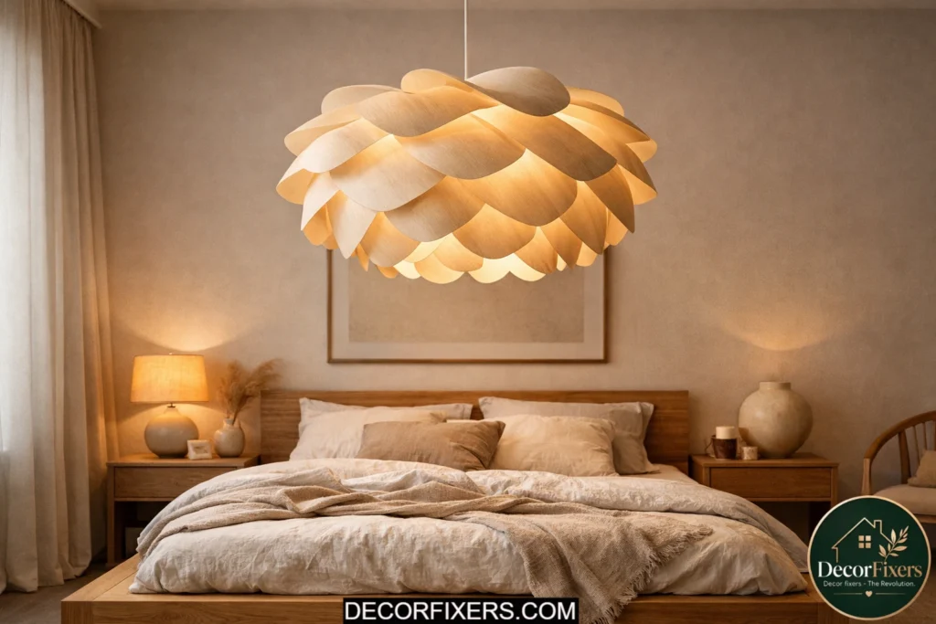 Scandinavian bedroom with a dramatic pendant light above the bed.