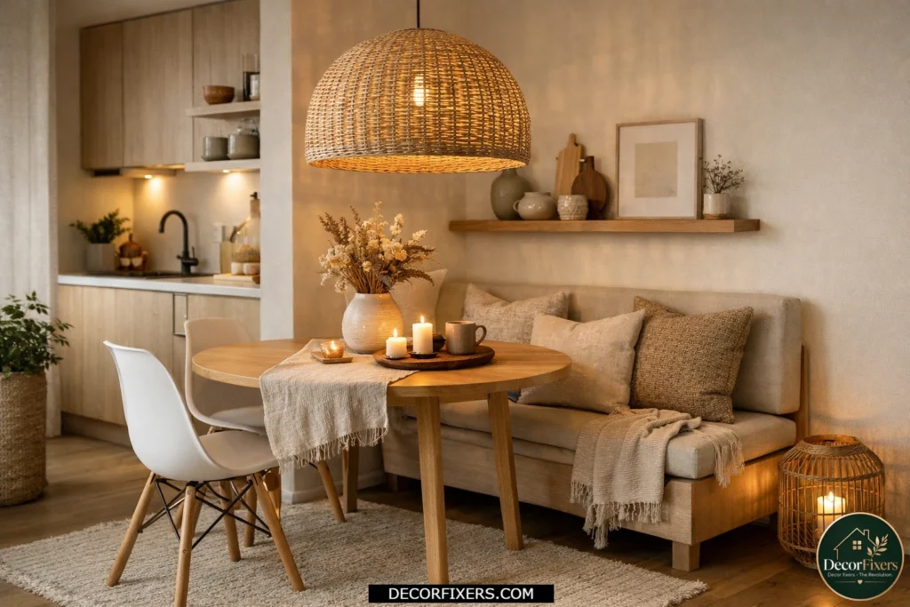 Small dining space with a statement pendant light creating a cozy and defined dining zone.