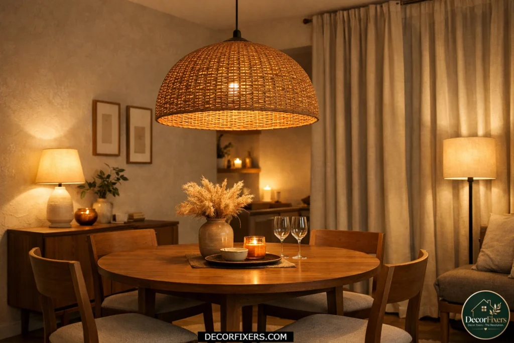 Small dining room styled with a large woven pendant light above the dining table.