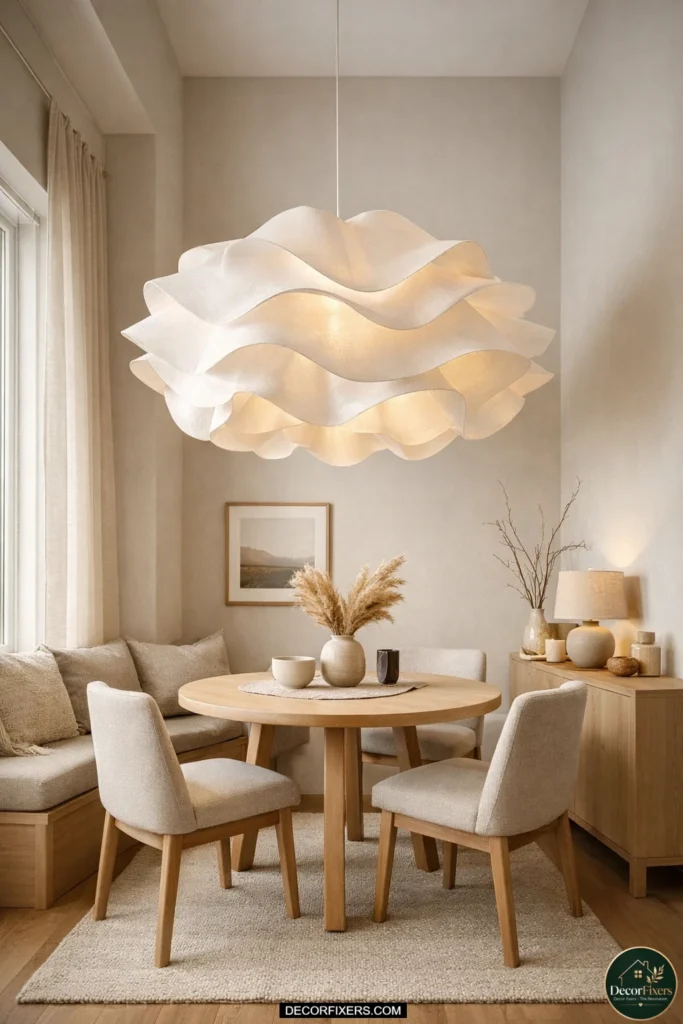 Statement pendant light above compact dining table