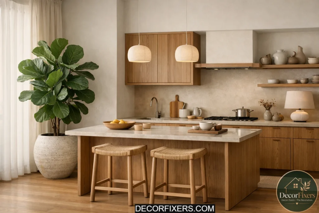 Japandi kitchen styled with a single statement plant and natural textures.