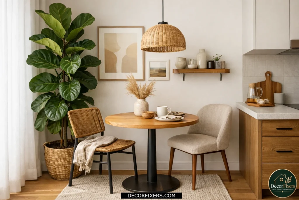 Tiny dining room styled with a large indoor plant for warmth and visual balance.