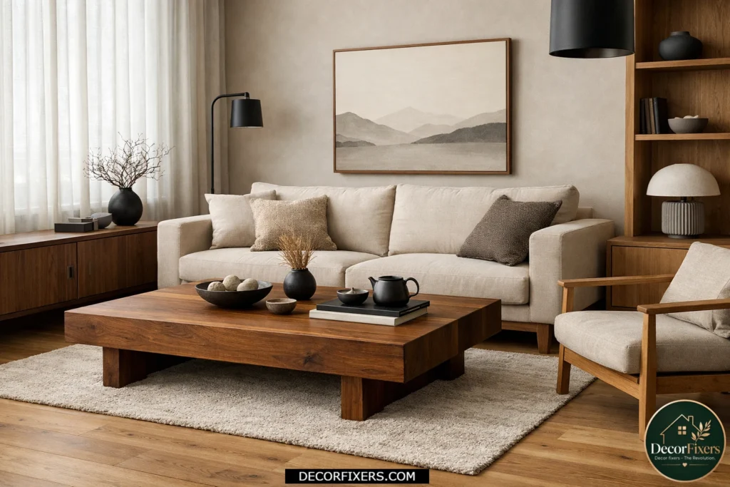 Japandi living room with statement walnut coffee table