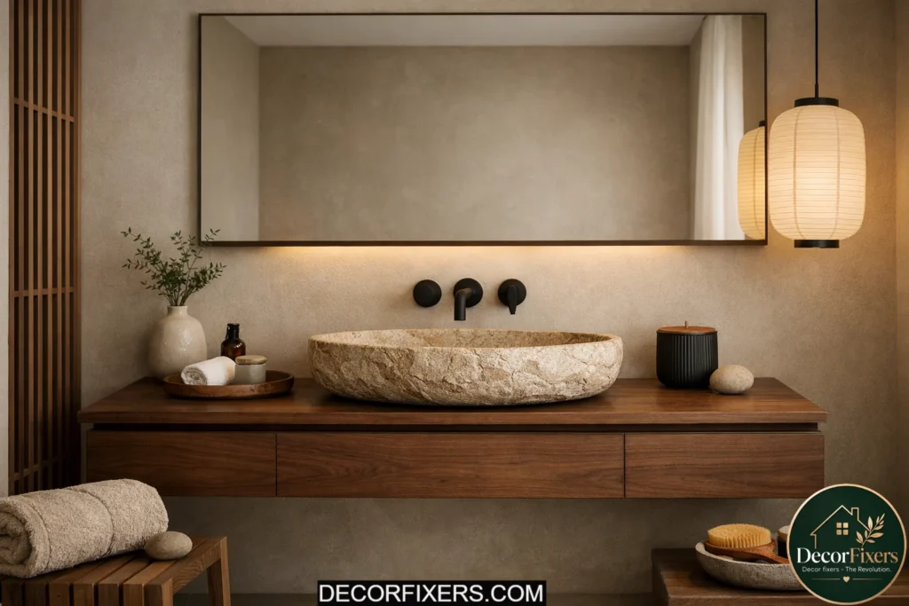 Travertine stone basin in luxurious Japandi bathroom design