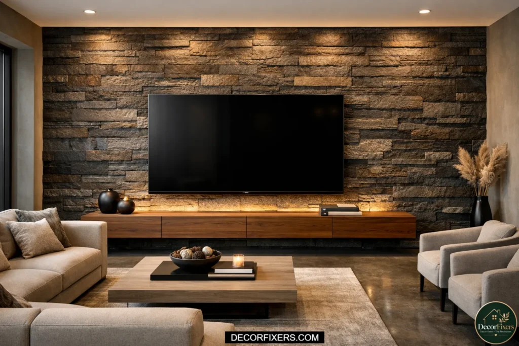  A modern TV feature wall clad in linear stacked stone ledger panels in slate, with a wall-mounted TV centered against the textured stone surface