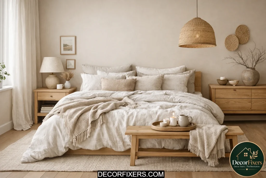 Scandinavian bedroom styled with relaxed stone-washed linen bedding.
