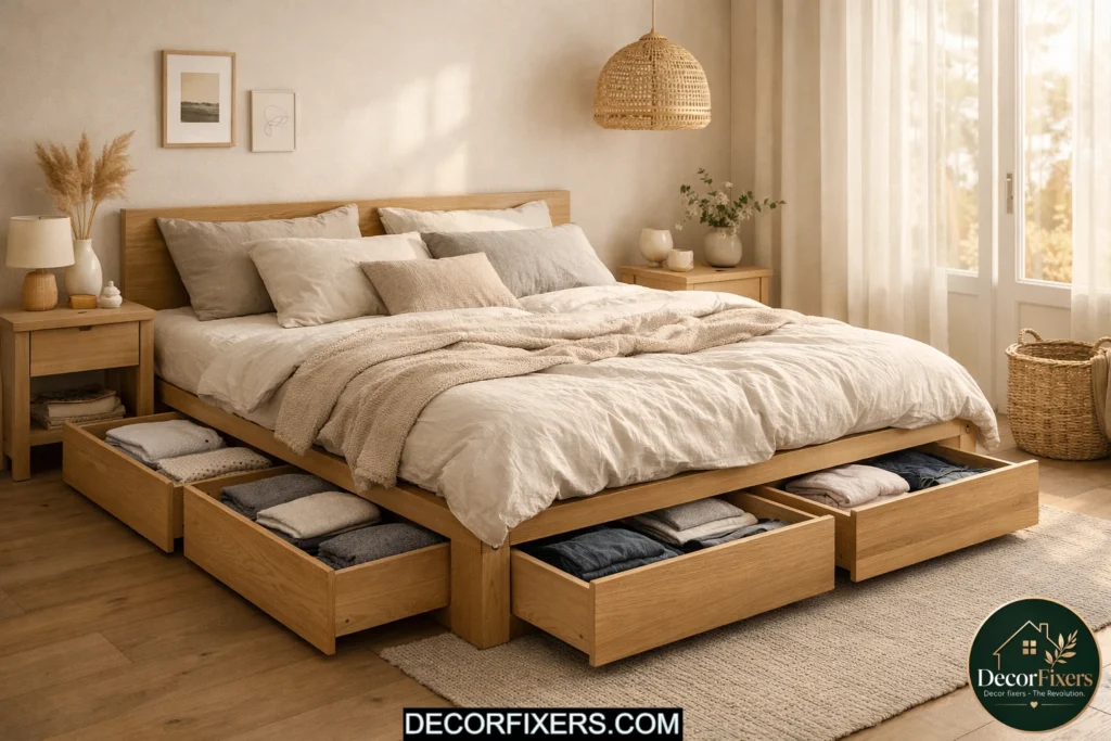 Storage bed with built-in drawers maximizing bedroom space in a compact apartment