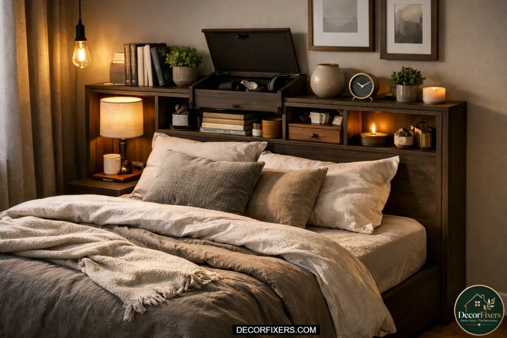 Modern storage headboard with built-in shelves holding books, a lamp, and decor with hidden compartments in a compact cozy apartment bedroom