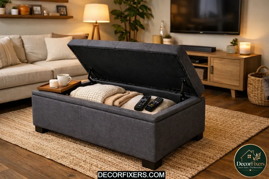 Storage ottoman coffee table hiding blankets and essentials in a living room