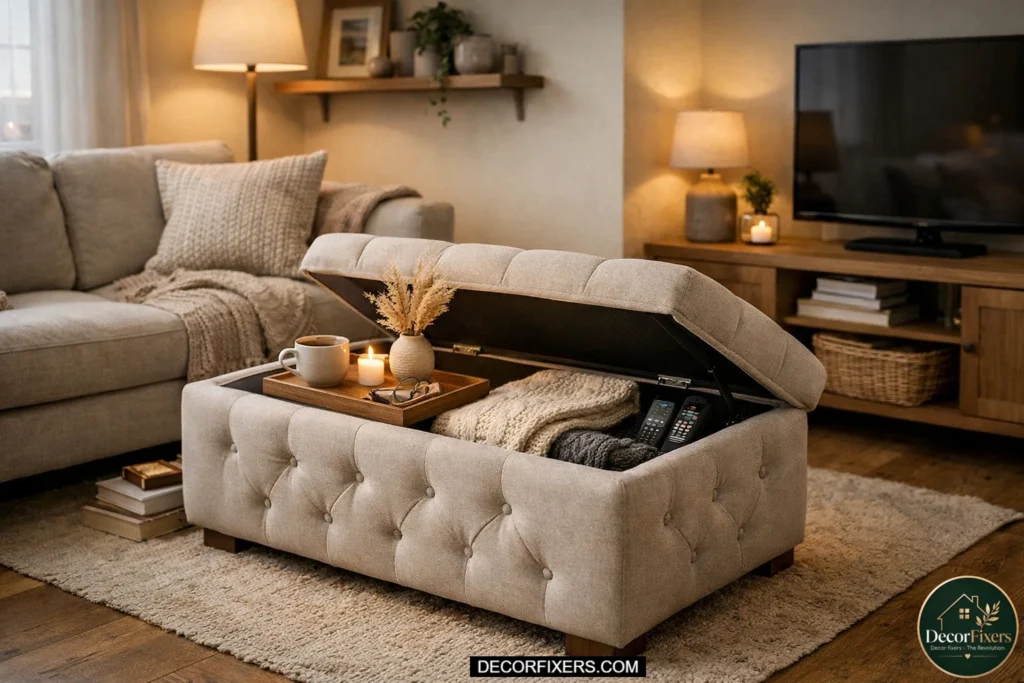 Elegant storage ottoman used as a coffee table with the lid slightly open revealing blankets and remotes inside in a cozy small apartment living room