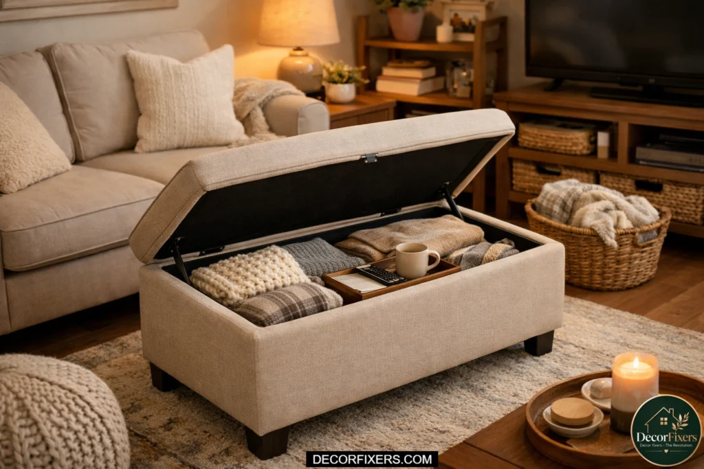 storage ottoman with hidden compartment in living room