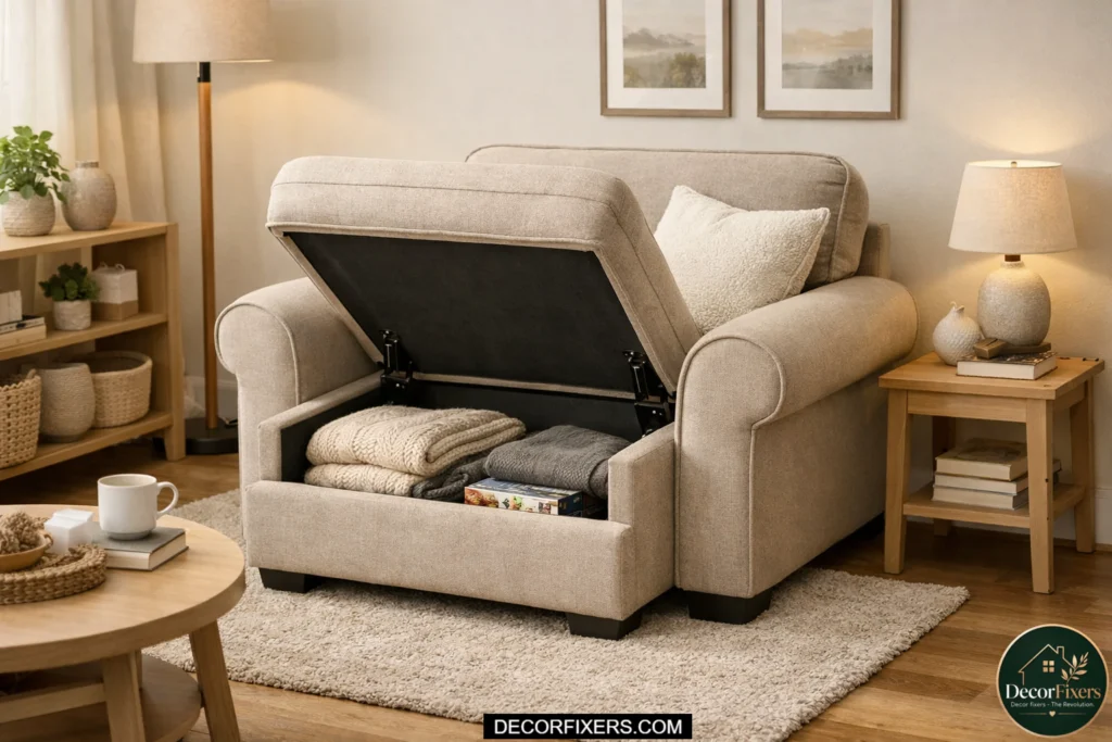 seating with hidden storage in small living room