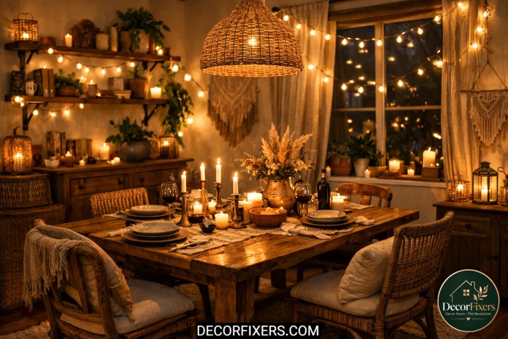 Boho dining room decorated with vintage thrifted pieces