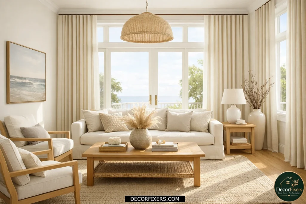 Vertical striped curtains creating height in a stylish living room.