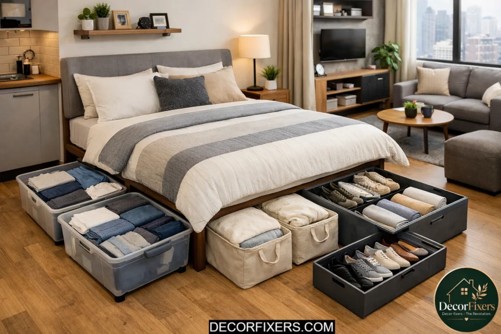 Smart underbed storage setup in a compact studio apartment