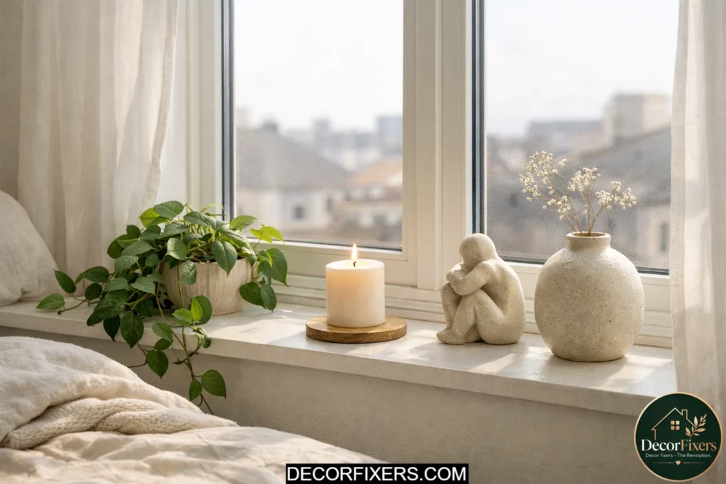 Styled bedroom windowsill decorated with plants candles and small accessories
