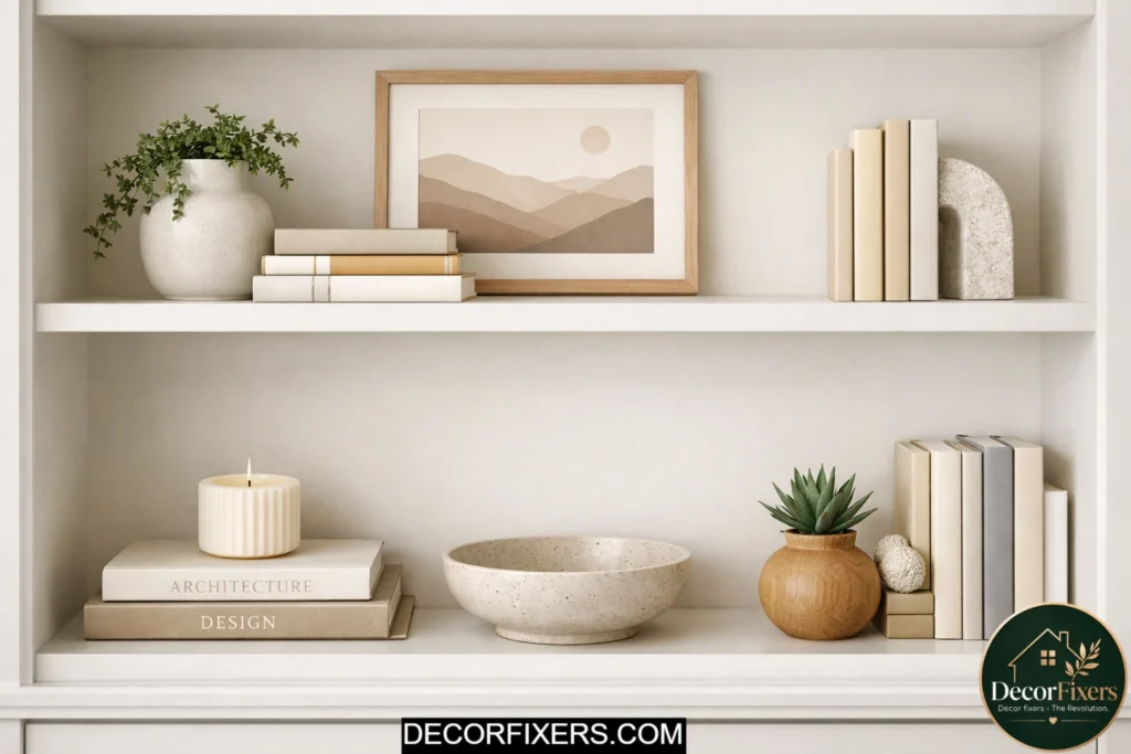 Styled bookshelf showing organized decor with books and accessories