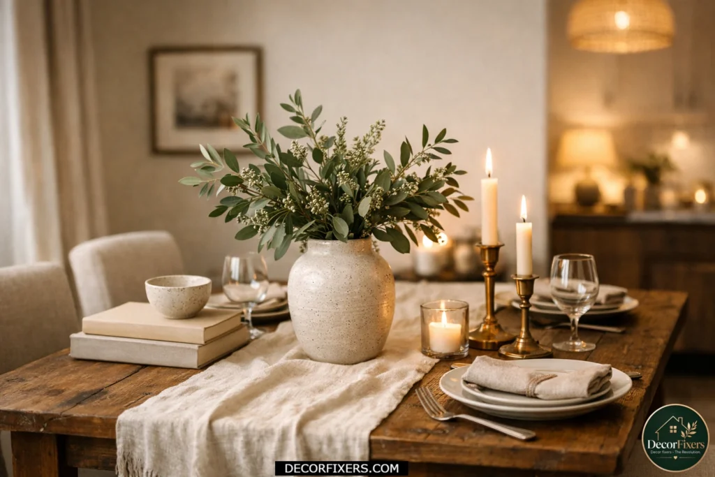Styled dining table with candles and greenery in a compact dining room.