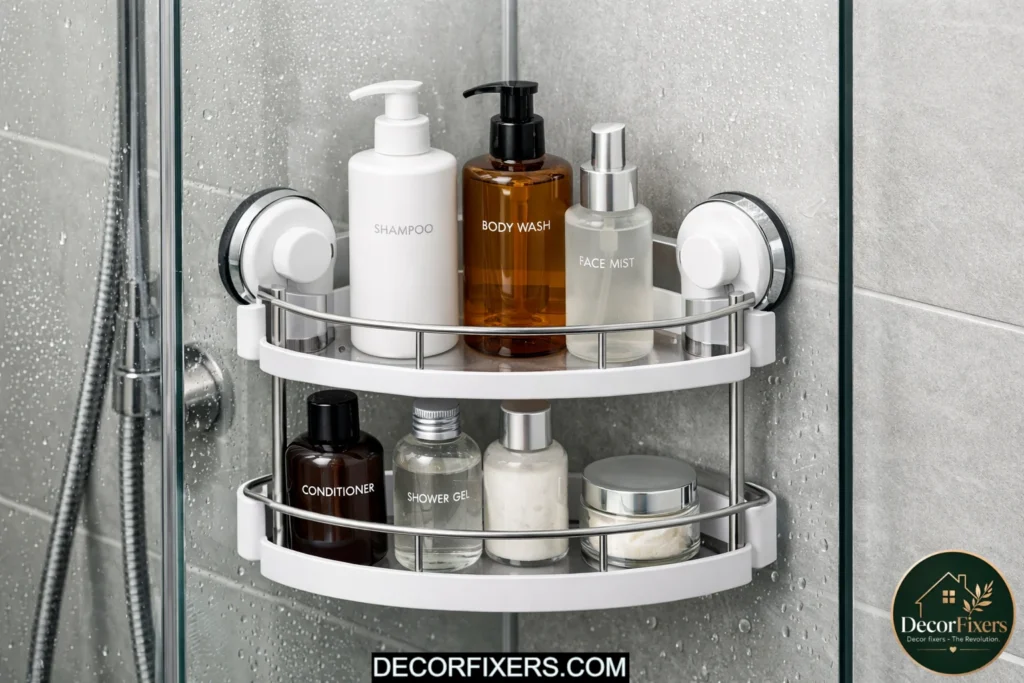 Suction-cup shower shelf creating extra storage in a bathroom corner