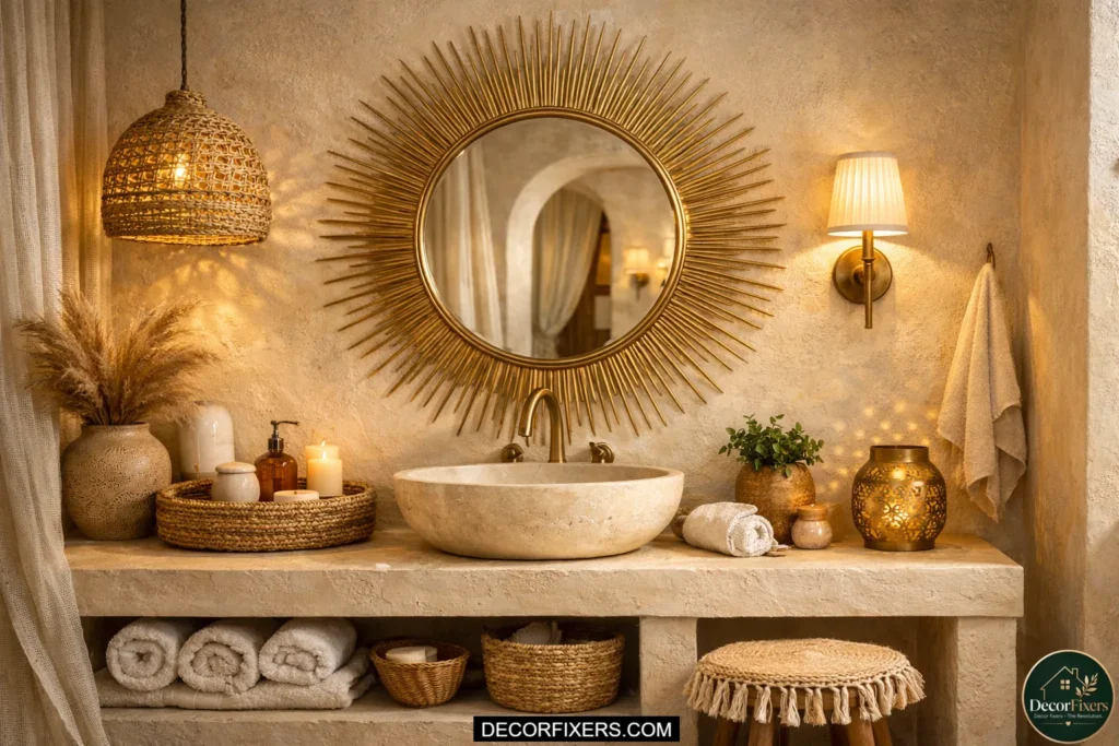 Gold sunburst mirror reflecting light in a cozy modern bathroom