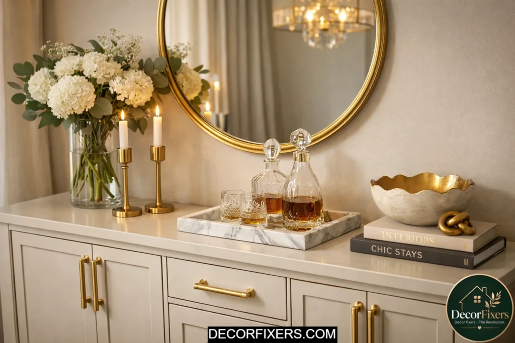 Dining room buffet upgraded with modern brass cabinet hardware