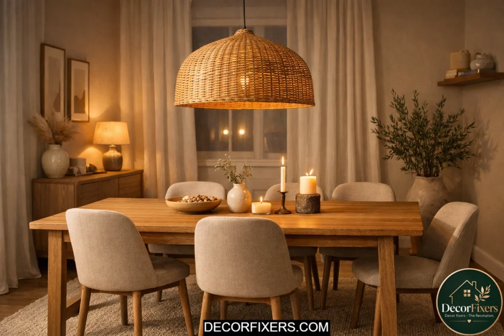Rattan pendant light above a modern dining table in a cozy budget dining room makeover