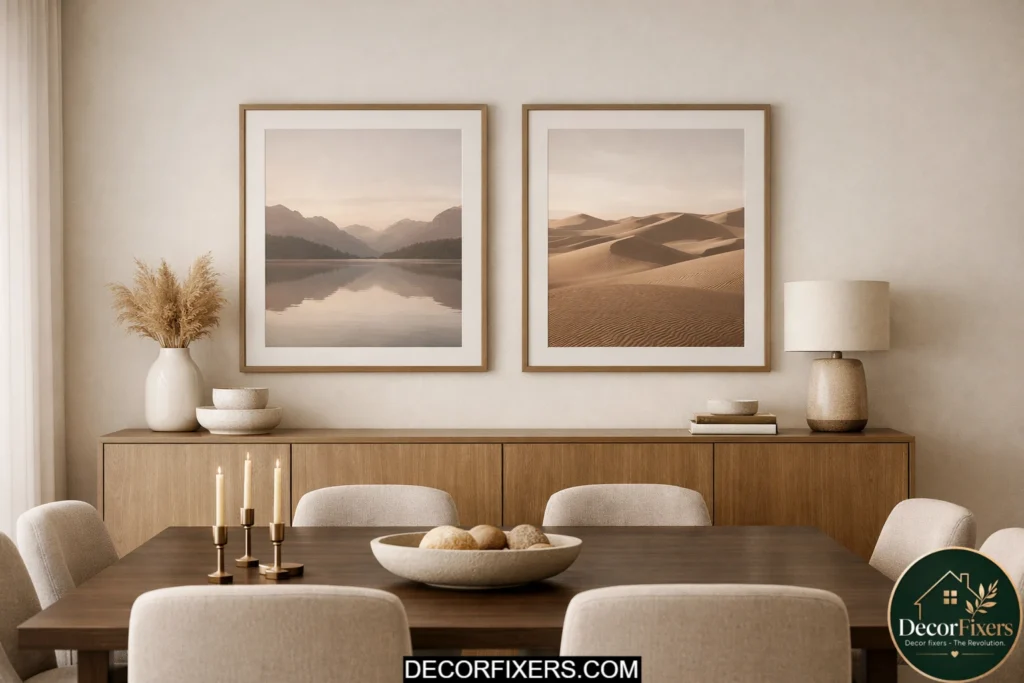 Two matching framed artworks arranged symmetrically above a dining room sideboard