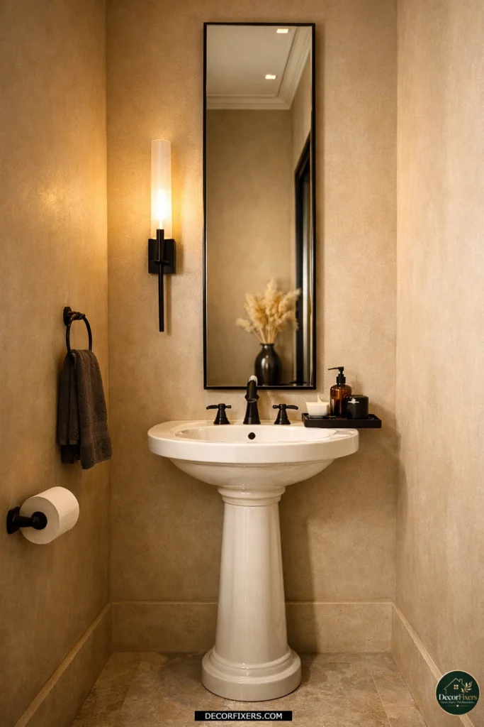 Narrow vertical mirror maximizing wall height in a compact powder room bathroom.