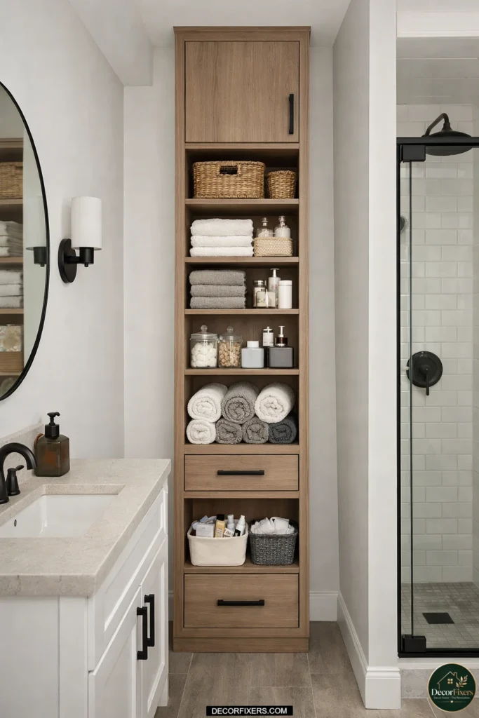 Tall bathroom vanity cabinet maximizing vertical storage space