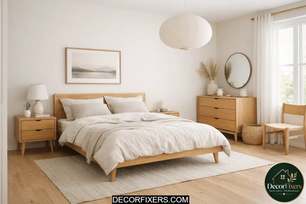 Scandinavian bedroom with tapered-leg furniture and airy styling.