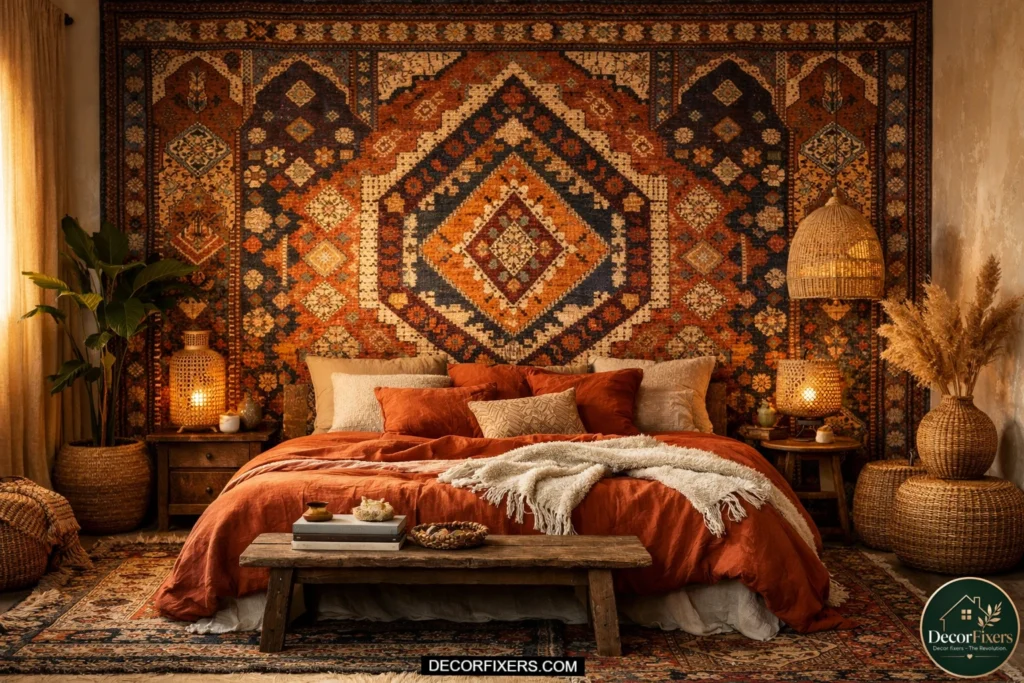 Bohemian bedroom featuring oversized Moroccan tapestry wall hanging, terracotta bedding, layered rugs, rattan furniture, and warm sunset lighting for a dramatic cozy look.