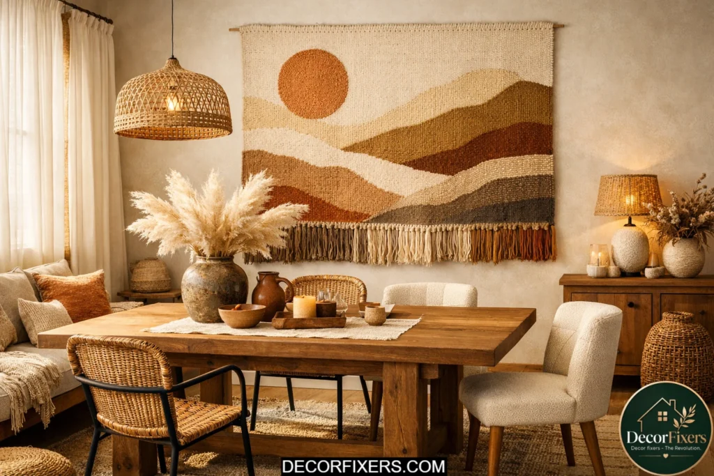 Large woven textile tapestry hanging on a dining room wall adding warmth and texture
