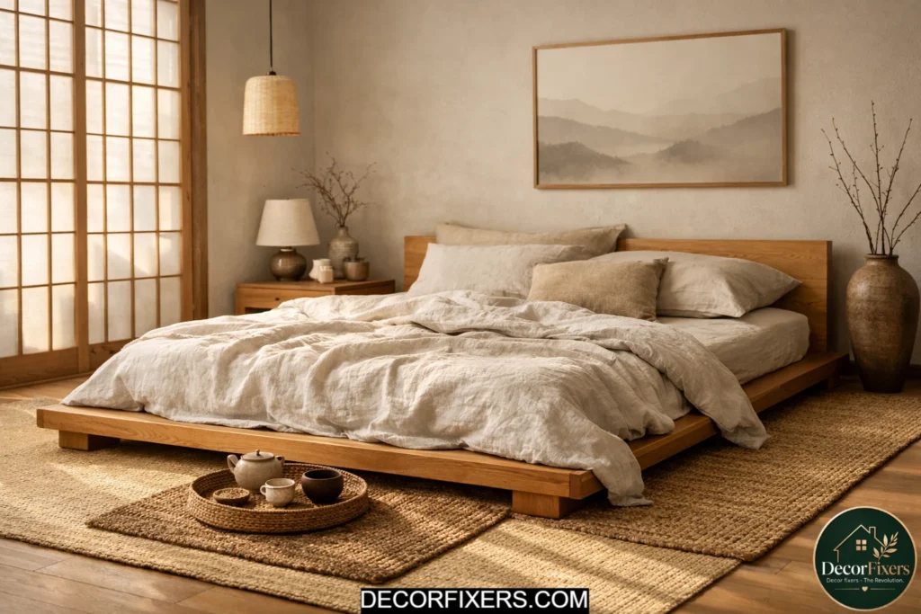 Tatami-style floor mat beside a low Japandi bed