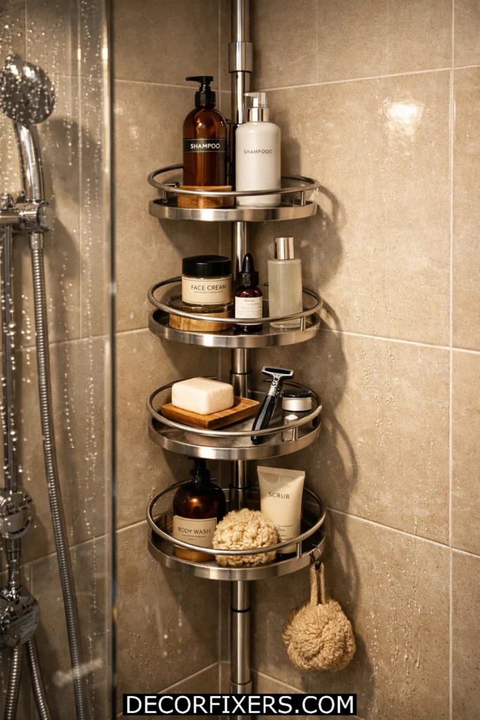 Tension pole corner organizer with multiple shelves storing shower essentials in luxury compact bathroom