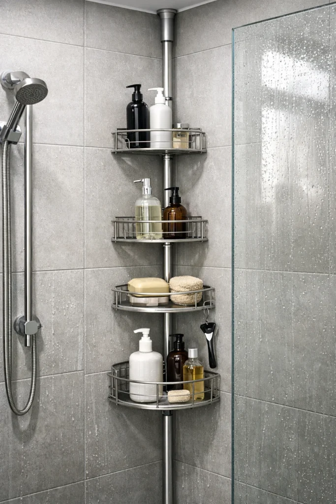 Tension pole shower caddy organizing toiletries in a compact bathroom