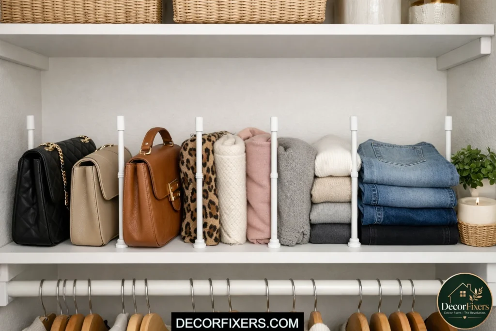 Tension rod shelf dividers organizing bags and folded clothing