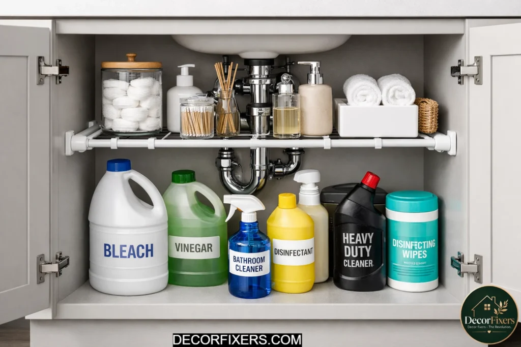 Expandable tension rod shelf inside bathroom under-sink cabinet