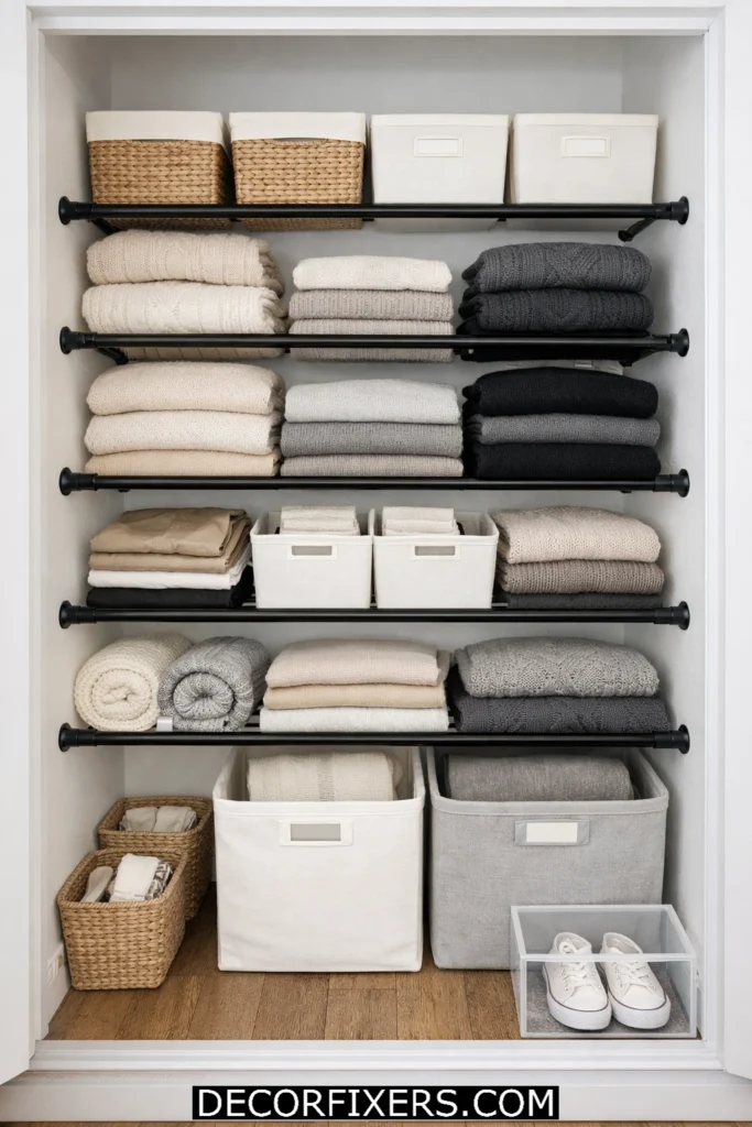 Small closet organized with stacked tension rods creating renter-friendly shelving layers for clothes and bins.