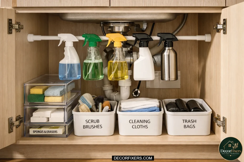 White tension rod installed under kitchen sink holding spray bottles by triggers, with clear stackable acrylic drawers and labeled bins organizing the cabinet floor in a small apartment kitchen