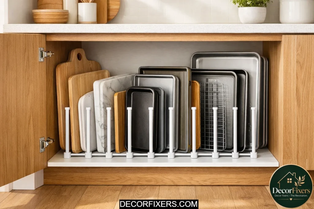 Tension rods organizing baking sheets and cutting boards vertically inside cabinets