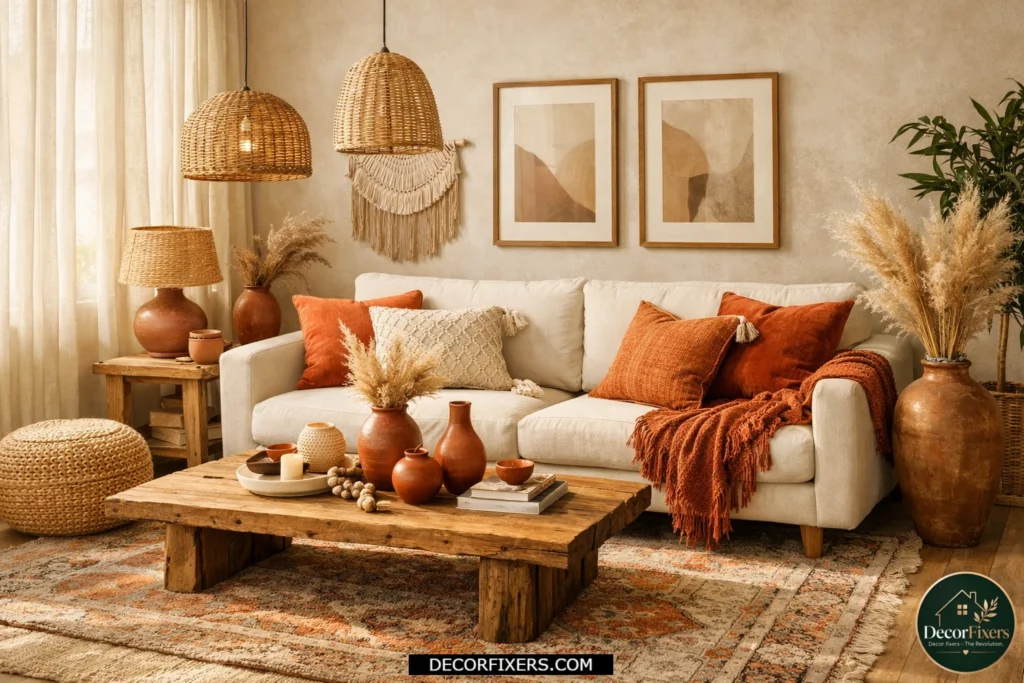 Boho living room styled with terracotta pillows and earthy accents